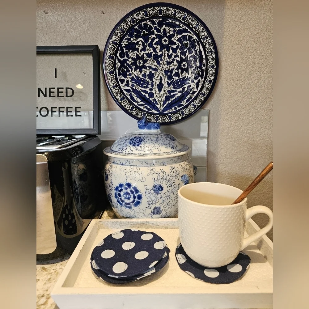 Handmade Blue Polka Dot Round Fabric Cotton Set Of 6 Washable Reusable Coasters
